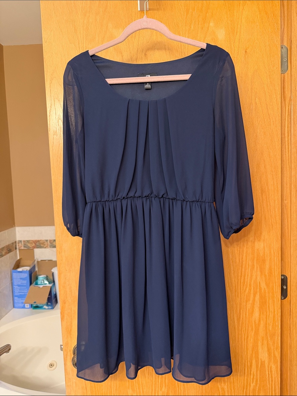 Navy Blue Chiffon Pleated Waist Dress